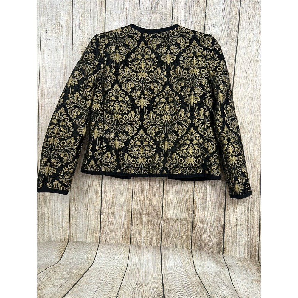 Women Brocade Jacket Sz S Black Gold Open Front Formal Party Elegant Jacquard - Picture 6 of 7